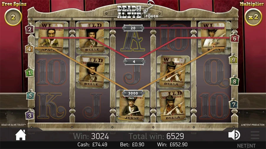 Dead or Alive wild line free spins gevinst